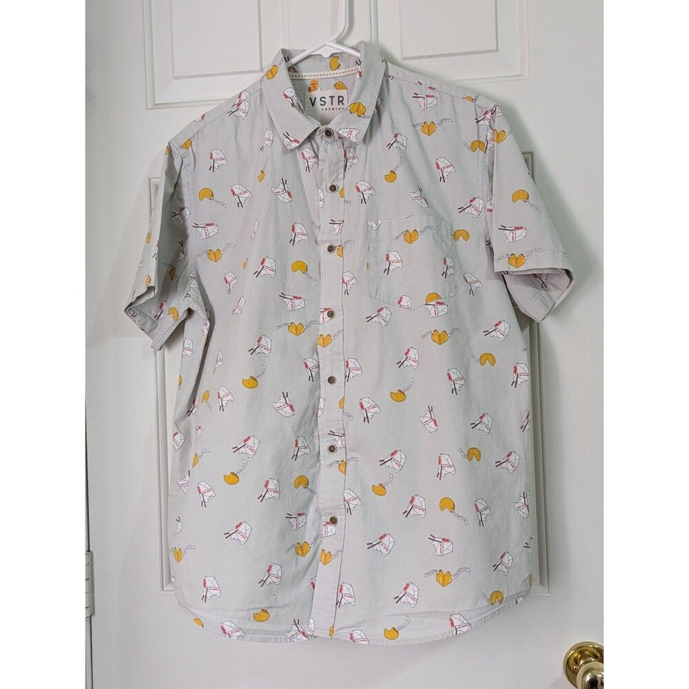VSTR Button S/S Shirt Mens Large Gray Chinese Takeout Chopsticks Fortune Cookie